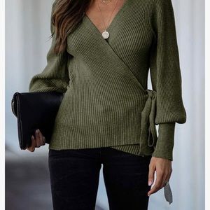 Ferris women’s wrap v neck top long balloon sleeves oversized pullover sweater